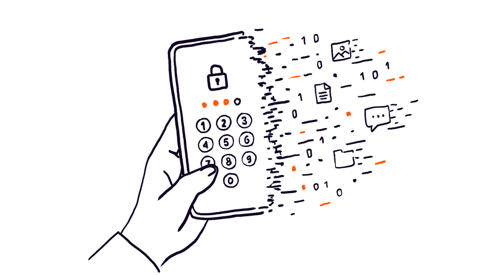 Hand holding a phone showing a duress PIN keypad, data fragments falling off it