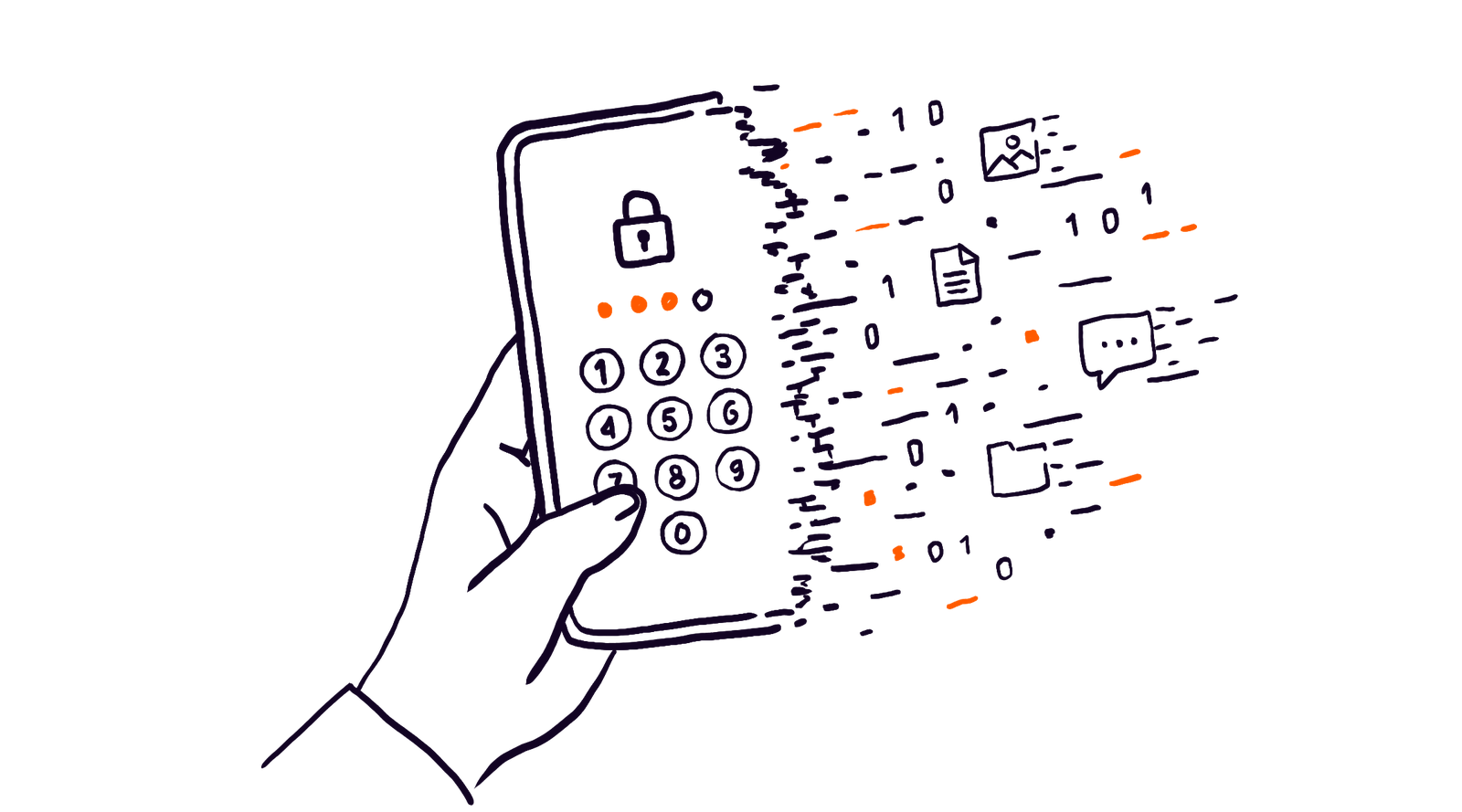 Hand holding a phone showing a duress PIN keypad, data fragments falling off it